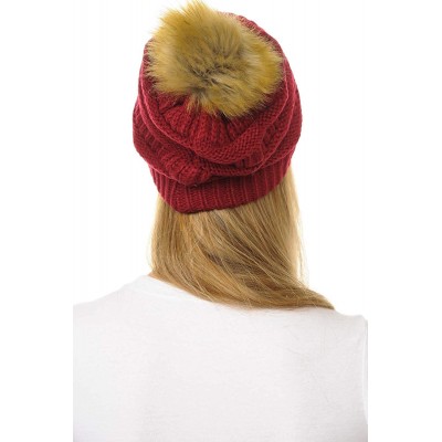 Skullies & Beanies Hat-43 Thick Warm Cap Hat Skully Faux Fur Pom Pom Cable Knit Beanie - Burgundy - CC18X9XUXSD $12.72