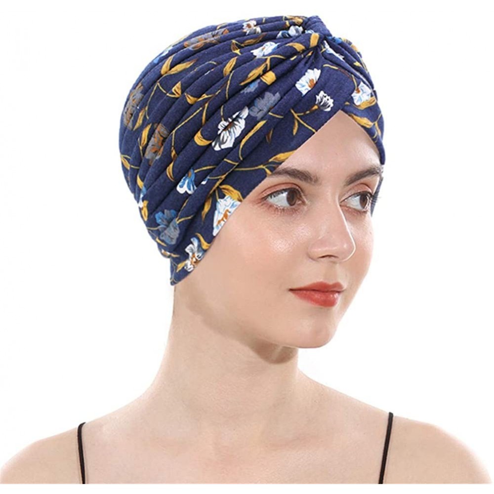 Skullies & Beanies Women's Cotton Turban Elastic Beanie Printing Sleep Bonnet Chemo Cap Hair Loss Hat - Navy003 - CH196OTKYY5...