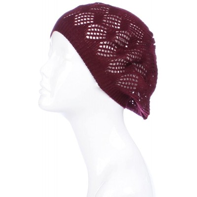 Berets Womens Crochet Flower Beanie Hats Lightweight Cutout Knit Beret Fashion Cap - Burgundy Red Mini Squares - C512LCQ7GNL ...