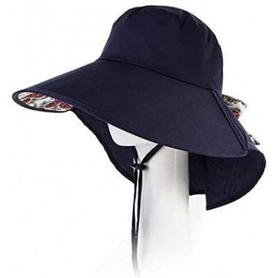 Sun Hats Summer Bill Flap Cap UPF 50+ Cotton Sun Hat with Neck Cover Cord for Women - 16006_navy - CF12G5SKFB1 $18.96