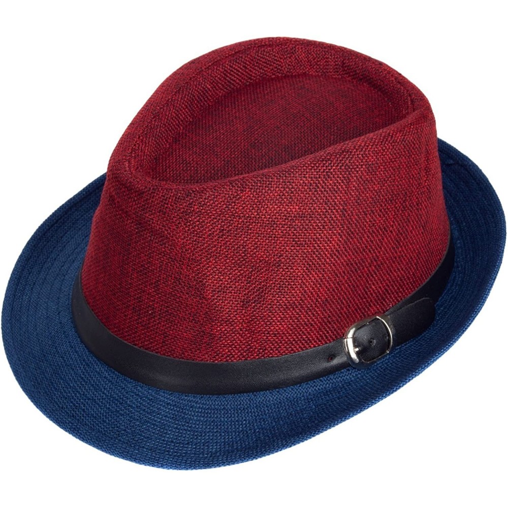 Fedoras Men Women Short Brim Sunblock Summer Fedora Straw Hat with Manhattan Style - Blue-red - CH12GZ7O9RN $13.85