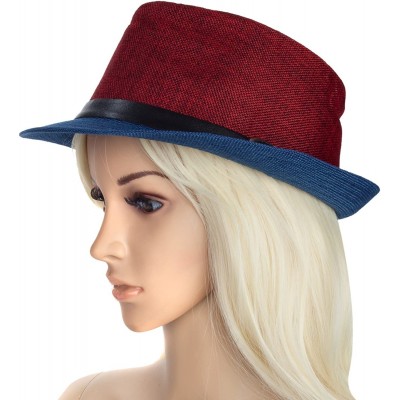 Fedoras Men Women Short Brim Sunblock Summer Fedora Straw Hat with Manhattan Style - Blue-red - CH12GZ7O9RN $13.85