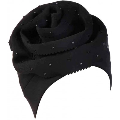 Skullies & Beanies Elegant Headscarf-Women Floral Rhinestone Scarf Turban Head Wrap Cap - Black - CL18Q89U39K $17.89