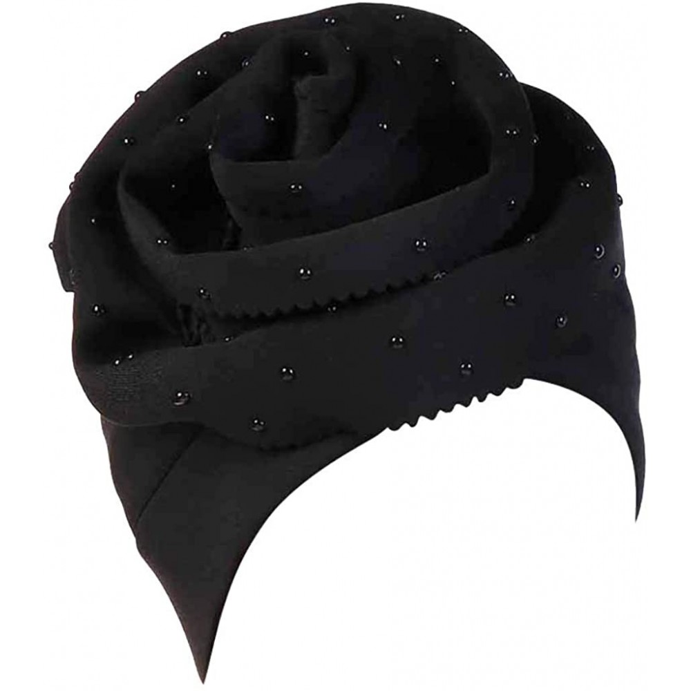 Skullies & Beanies Elegant Headscarf-Women Floral Rhinestone Scarf Turban Head Wrap Cap - Black - CL18Q89U39K $6.55