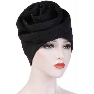 Skullies & Beanies Elegant Headscarf-Women Floral Rhinestone Scarf Turban Head Wrap Cap - Black - CL18Q89U39K $6.55