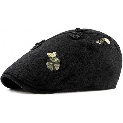 Newsboy Caps Womens Linen Adjustable Floral Embroidery Ivy Newsboy Cabbie Gatsby Sun Hat Cap - Black - CH18E30UCSY $13.37