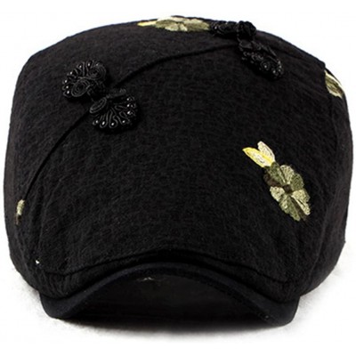 Newsboy Caps Womens Linen Adjustable Floral Embroidery Ivy Newsboy Cabbie Gatsby Sun Hat Cap - Black - CH18E30UCSY $13.37