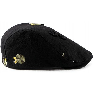 Newsboy Caps Womens Linen Adjustable Floral Embroidery Ivy Newsboy Cabbie Gatsby Sun Hat Cap - Black - CH18E30UCSY $13.37