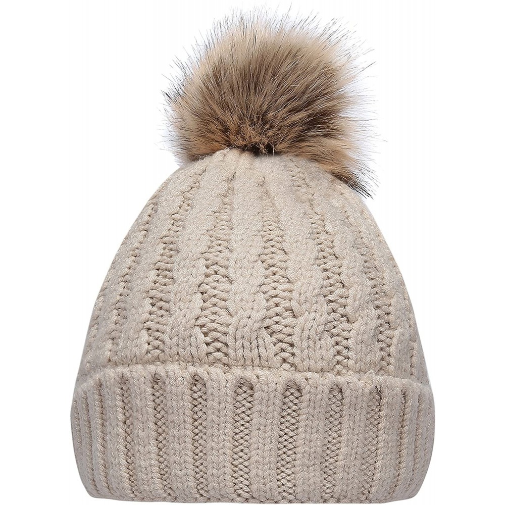 Skullies & Beanies Women's Winter Ribbed Knit Faux Fur Pompoms Chunky Lined Beanie Hats - Rope Khaki - C2184ROGH75 $10.27