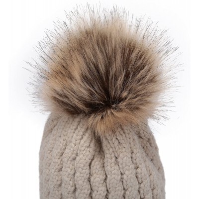 Skullies & Beanies Women's Winter Ribbed Knit Faux Fur Pompoms Chunky Lined Beanie Hats - Rope Khaki - C2184ROGH75 $10.27