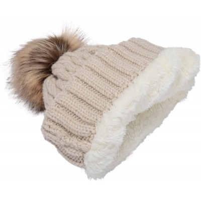 Skullies & Beanies Women's Winter Ribbed Knit Faux Fur Pompoms Chunky Lined Beanie Hats - Rope Khaki - C2184ROGH75 $10.27