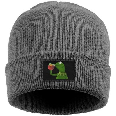 Skullies & Beanies Mens Womens Warm Solid Color Daily Knit Cap Funny-Green-Frog-Sipping-Tea Headwear - Gray-1 - CZ18NLI8GG3 $...