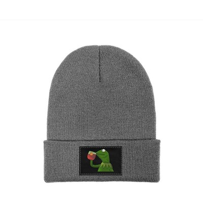 Skullies & Beanies Mens Womens Warm Solid Color Daily Knit Cap Funny-Green-Frog-Sipping-Tea Headwear - Gray-1 - CZ18NLI8GG3 $...