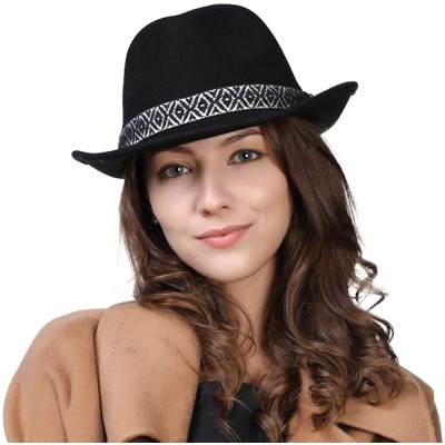 Fedoras Womens 100% Wool Felt Fedora Hat Wide Brim Floppy/Porkpie/Trilby Style - Black_58cm - CE18ILC92WQ $26.87