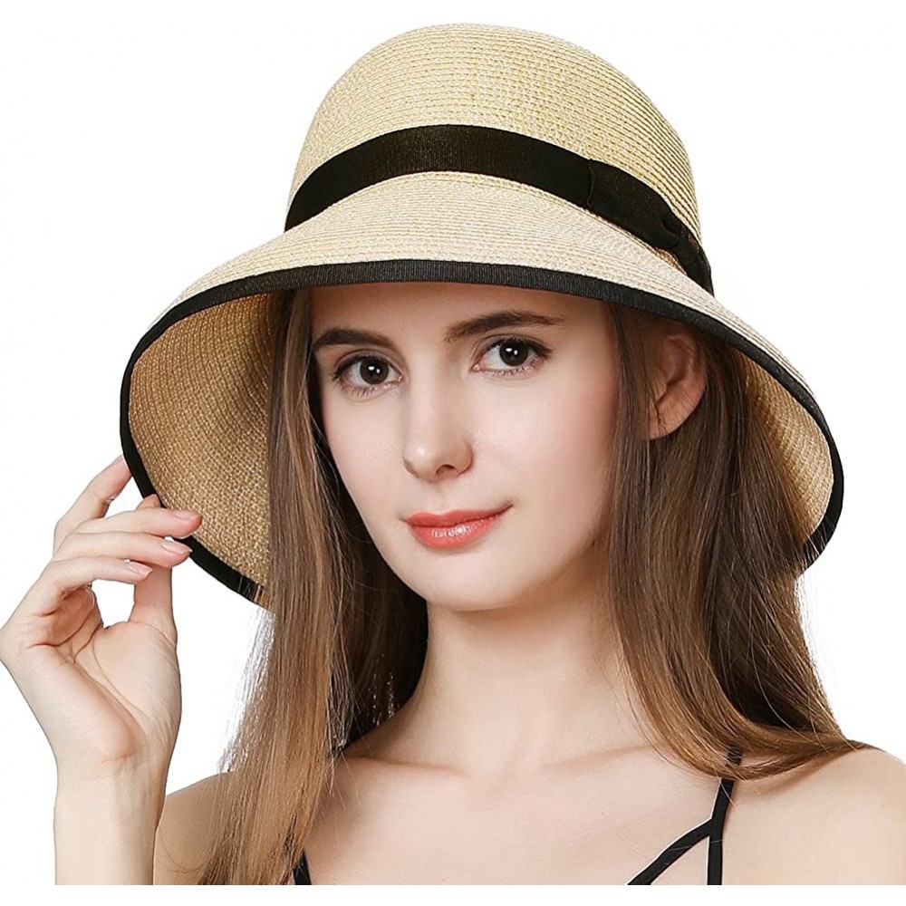 Sun Hats Packable UPF Straw Sunhat Women Summer Beach Wide Brim Fedora Travel Hat Bowknot - 99009_beige - C018E47IND0 $22.08