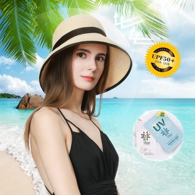 Sun Hats Packable UPF Straw Sunhat Women Summer Beach Wide Brim Fedora Travel Hat Bowknot - 99009_beige - C018E47IND0 $22.08