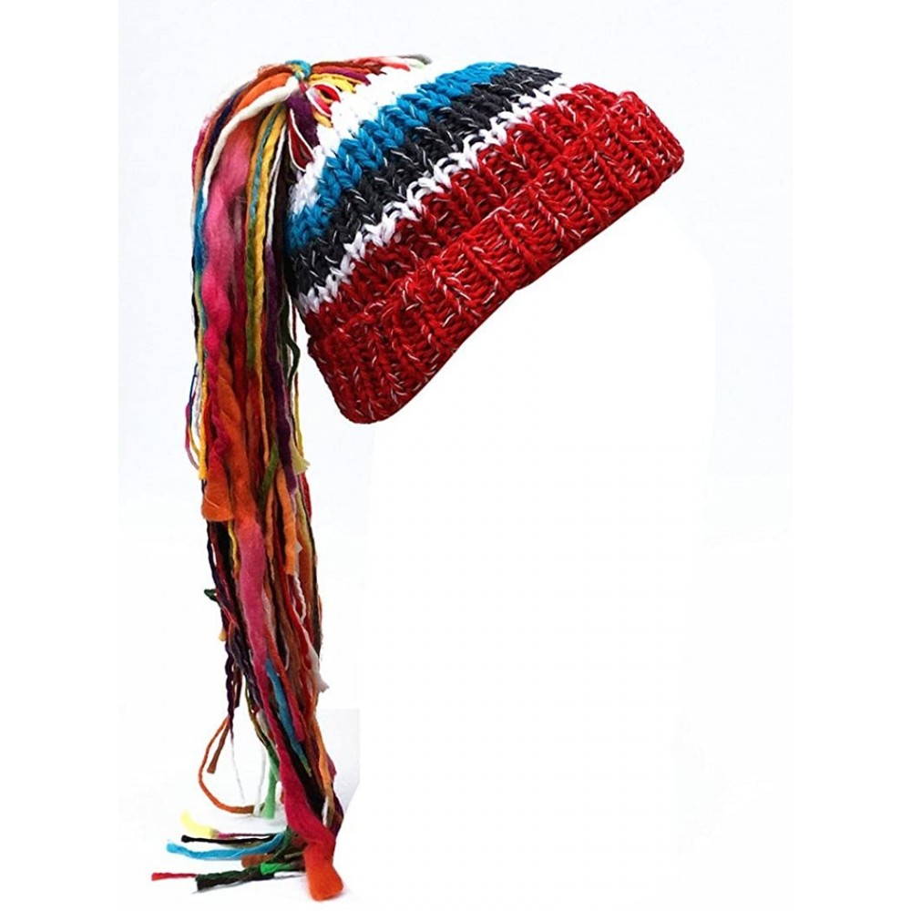 Skullies & Beanies Men/Women Barbarian Vagabond Knit Hat Wig Ponytail Beanie Funny Caps - Red - CH1873N0R2Y $17.25