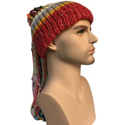 Skullies & Beanies Men/Women Barbarian Vagabond Knit Hat Wig Ponytail Beanie Funny Caps - Red - CH1873N0R2Y $17.25