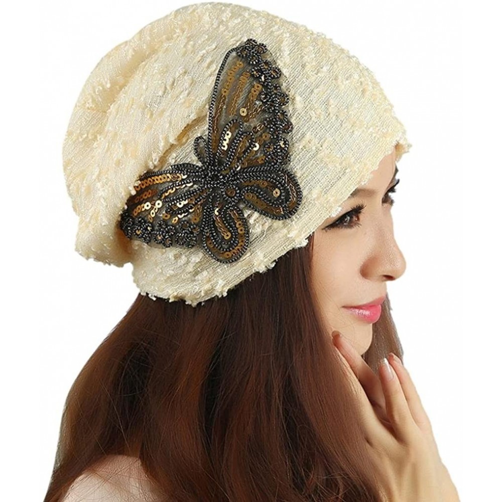 Skullies & Beanies Women Hat- Winter Women's Fashion Lace Sequins Snapback Ladies Turban Cap - Beige - CD1868QHNGE $7.72