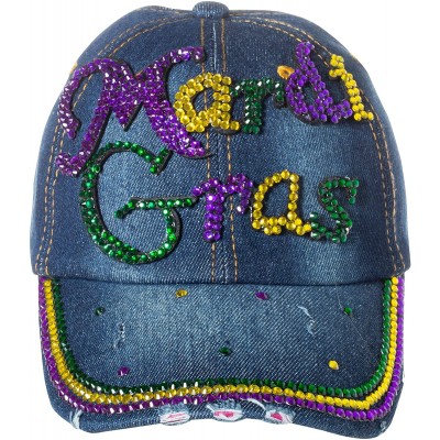 Baseball Caps Mardi Gras Bedazzled Jewel Bling Baseball Cap Hat with Acrylic Crystals - Denim Mardi Gras - CF19390EOIS $12.84