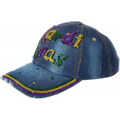 Baseball Caps Mardi Gras Bedazzled Jewel Bling Baseball Cap Hat with Acrylic Crystals - Denim Mardi Gras - CF19390EOIS $12.84