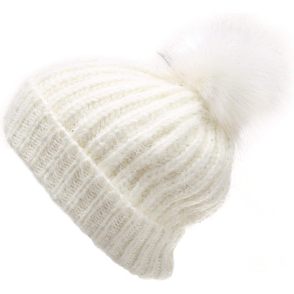 Skullies & Beanies Women's Soft Chunky Scattered Sequin Fuzzy Cable Knit Faux Pom Pom Beanie hat with Sherpa Lined - White - ...