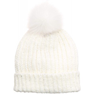Skullies & Beanies Women's Soft Chunky Scattered Sequin Fuzzy Cable Knit Faux Pom Pom Beanie hat with Sherpa Lined - White - ...