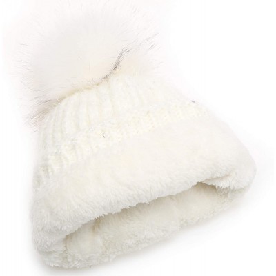 Skullies & Beanies Women's Soft Chunky Scattered Sequin Fuzzy Cable Knit Faux Pom Pom Beanie hat with Sherpa Lined - White - ...