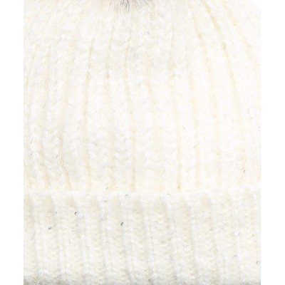 Skullies & Beanies Women's Soft Chunky Scattered Sequin Fuzzy Cable Knit Faux Pom Pom Beanie hat with Sherpa Lined - White - ...