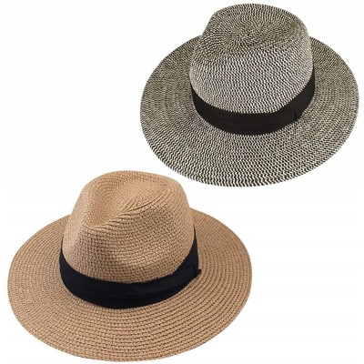 Sun Hats Panama Hat Sun Hats for Women Men Wide Brim Fedora Straw Beach Hat UV UPF 50 - Z-2 Pcs Brown/Black Beige - CA18NRW48...