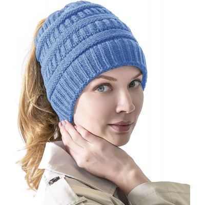 Skullies & Beanies Women's Knitted Messy Bun Hat Ponytail Beanie Baggy Chunky Stretch Slouchy Winter - Baby Blue - CB18YTESKK...