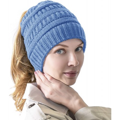 Skullies & Beanies Women's Knitted Messy Bun Hat Ponytail Beanie Baggy Chunky Stretch Slouchy Winter - Baby Blue - CB18YTESKK...