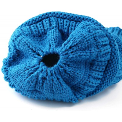 Skullies & Beanies Women's Knitted Messy Bun Hat Ponytail Beanie Baggy Chunky Stretch Slouchy Winter - Baby Blue - CB18YTESKK...