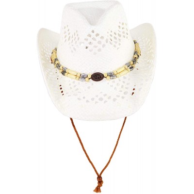 Cowboy Hats Cute Comfy Flex Fit Woven Beach Cowboy Hat- Western Cowgirl Hat with Wooden Beaded Hatband - White - C618XLL9AWR ...