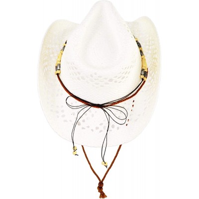 Cowboy Hats Cute Comfy Flex Fit Woven Beach Cowboy Hat- Western Cowgirl Hat with Wooden Beaded Hatband - White - C618XLL9AWR ...