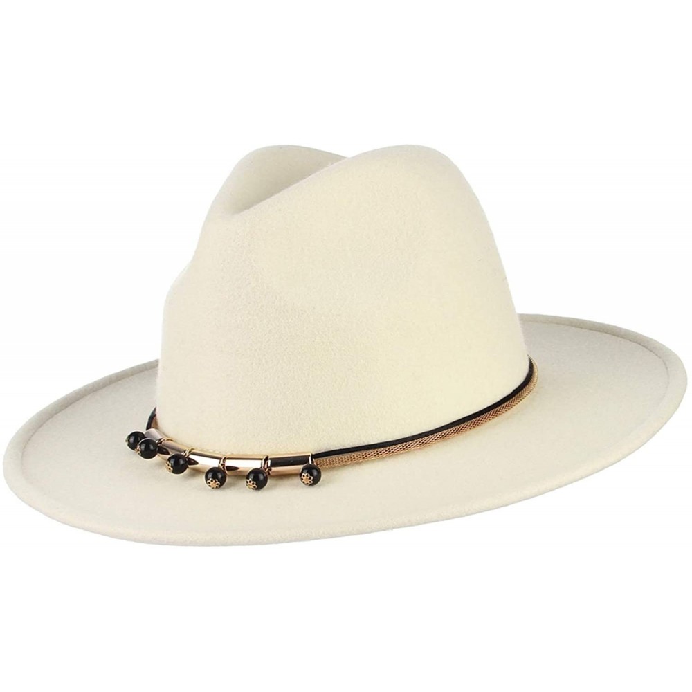 Fedoras Womens 100% Wool Fedora Hats Elegant Wide Brim Panama Fedora Wool Trilby Hat - Chain Band - CB18AA7YQAH $31.41