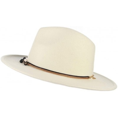 Fedoras Womens 100% Wool Fedora Hats Elegant Wide Brim Panama Fedora Wool Trilby Hat - Chain Band - CB18AA7YQAH $31.41