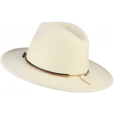 Fedoras Womens 100% Wool Fedora Hats Elegant Wide Brim Panama Fedora Wool Trilby Hat - Chain Band - CB18AA7YQAH $31.41