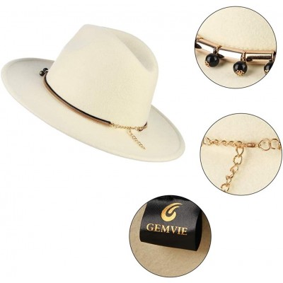 Fedoras Womens 100% Wool Fedora Hats Elegant Wide Brim Panama Fedora Wool Trilby Hat - Chain Band - CB18AA7YQAH $31.41