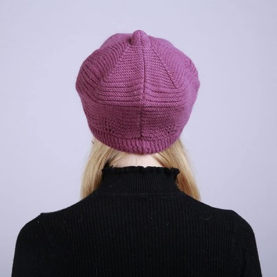 Baseball Caps Womens Knit Cap Solid Warm Crochet Winter Wool Knit Manual Caps Hat - Hot Pink - CG18IQ7AGCC $12.36