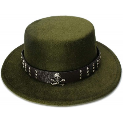 Fedoras Women Men Vintage 100% Wool Wide Brim Bowler Hat Skull Bead Leather Band (57cm/Adjust) - Army Green - C718ME9SDOQ $25.16