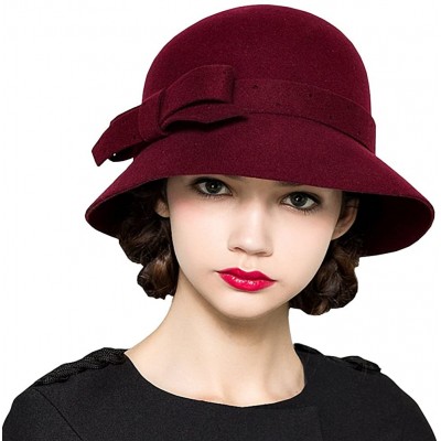 Bucket Hats Women's Belt Flowers Wide Brim Wool Felt Bucket Hat - Wine Red - CY12MCIFSDX $20.12