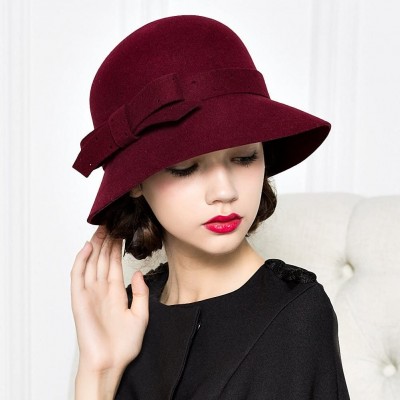 Bucket Hats Women's Belt Flowers Wide Brim Wool Felt Bucket Hat - Wine Red - CY12MCIFSDX $20.12