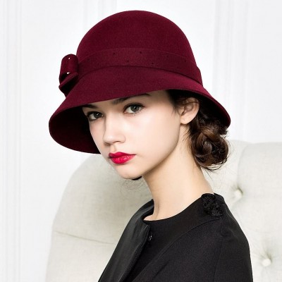 Bucket Hats Women's Belt Flowers Wide Brim Wool Felt Bucket Hat - Wine Red - CY12MCIFSDX $20.12