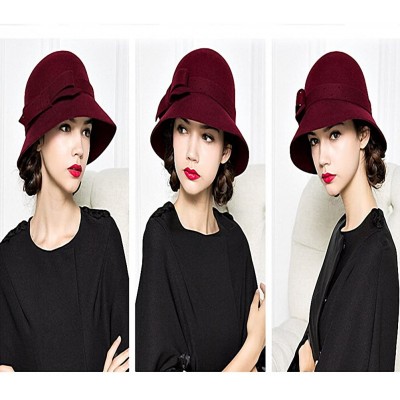 Bucket Hats Women's Belt Flowers Wide Brim Wool Felt Bucket Hat - Wine Red - CY12MCIFSDX $20.12