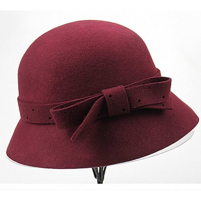 Bucket Hats Women's Belt Flowers Wide Brim Wool Felt Bucket Hat - Wine Red - CY12MCIFSDX $20.12