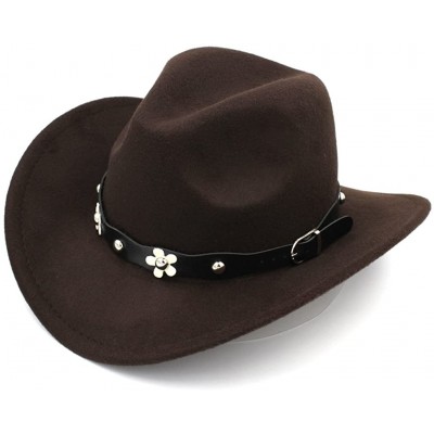 Cowboy Hats Women Western Cowboy Hat Wide Brim Cowgirl Cap Flower Charms Leather Band - Dark Brown - CF1883Q3QDN $27.24