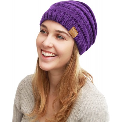 Skullies & Beanies Soft Stretch Cable Knit Warm Chunky Beanie Skully Winter Hat - 1. Solid Purple - CM18XG0I0LS $8.00