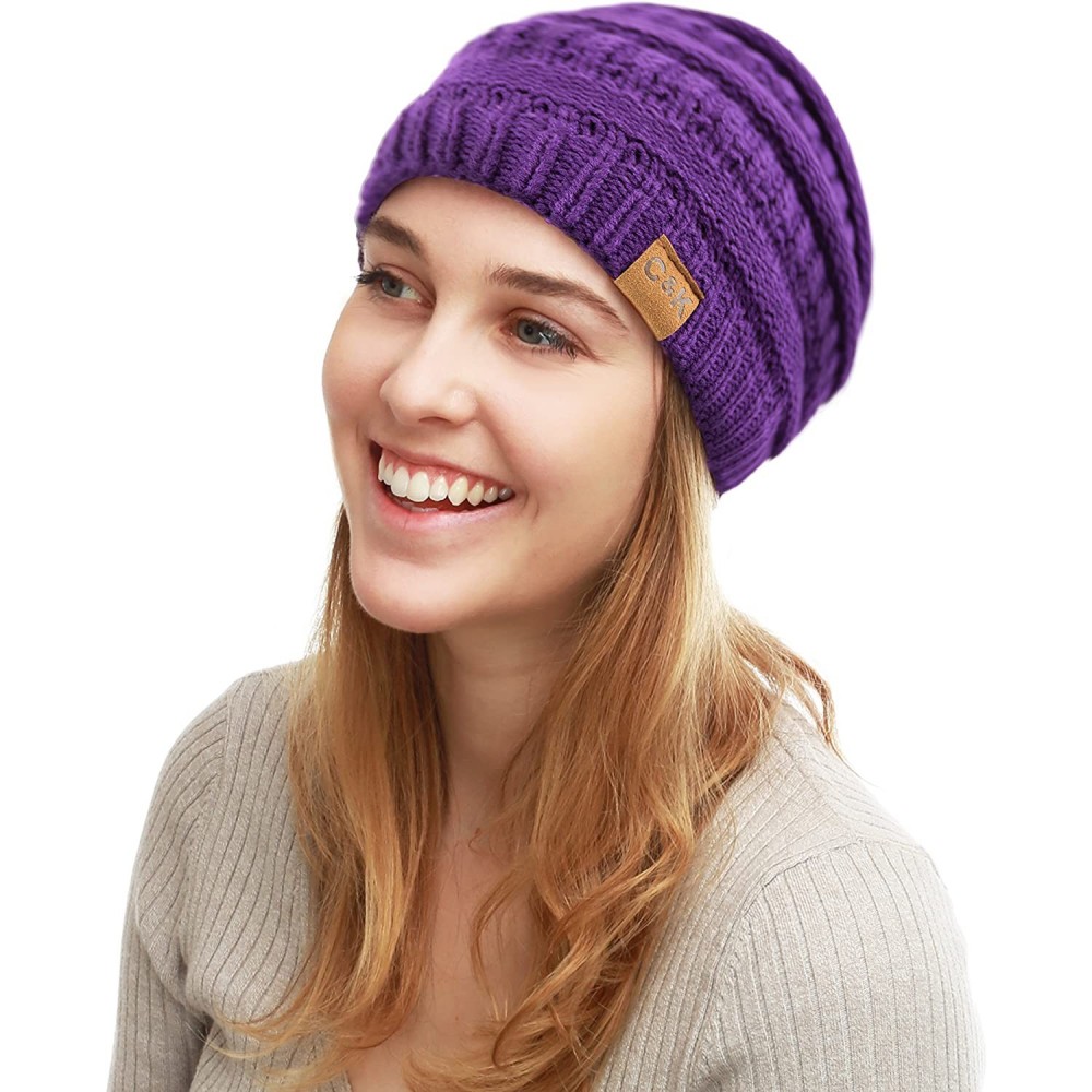 Skullies & Beanies Soft Stretch Cable Knit Warm Chunky Beanie Skully Winter Hat - 1. Solid Purple - CM18XG0I0LS $8.00