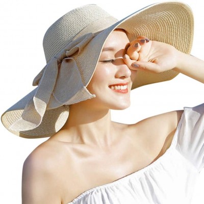 Sun Hats Women Big Brim Straw Hat Sun Floppy Wide Brim Hats New Bowknot Folding Beach Cap - Beige - CA18N72XHOH $7.18